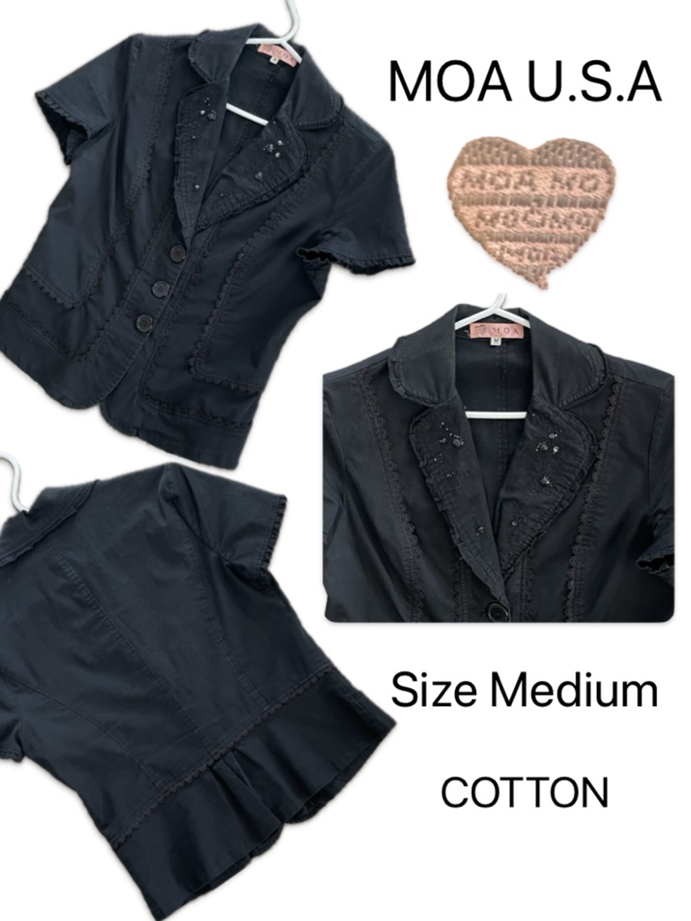 Black Short Sleeve Button Front Blazer with Embellished Lapel & Lace Trim